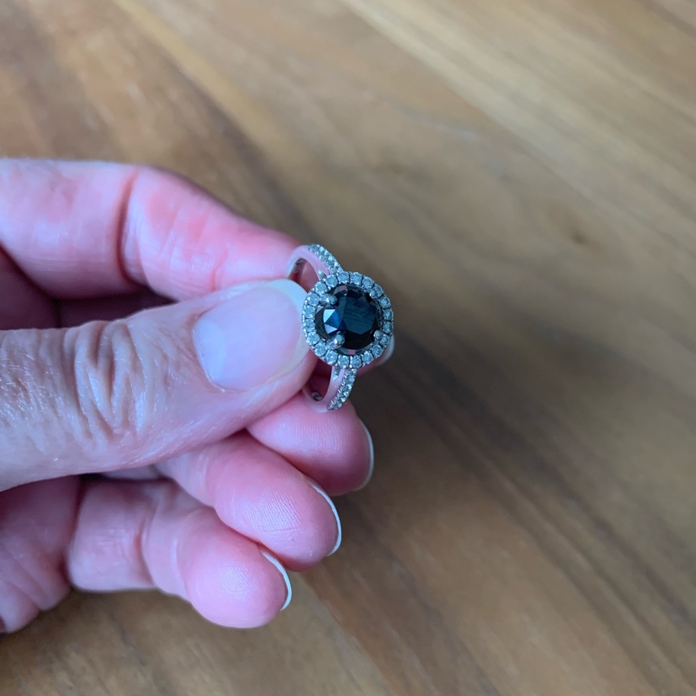 14K White Gold, Black Diamond Halo Ring. Simple yet elegant. HJ Namdar jewelry.